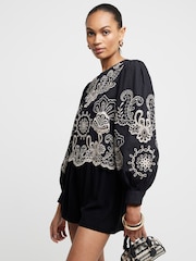 River Island Black Crew Neck Floral Print 100% Cotton Cutwork Top - Image 3 of 4