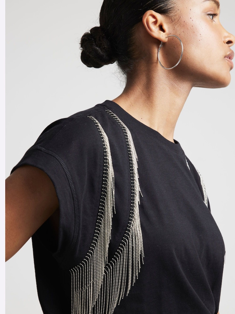 River Island Black Chain Fringed 100% Cotton T-Shirt - Image 2 of 4
