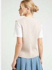 River Island Brown Waistcoat Hybrid Knitted 100% Cotton Jersey Top - Image 2 of 4