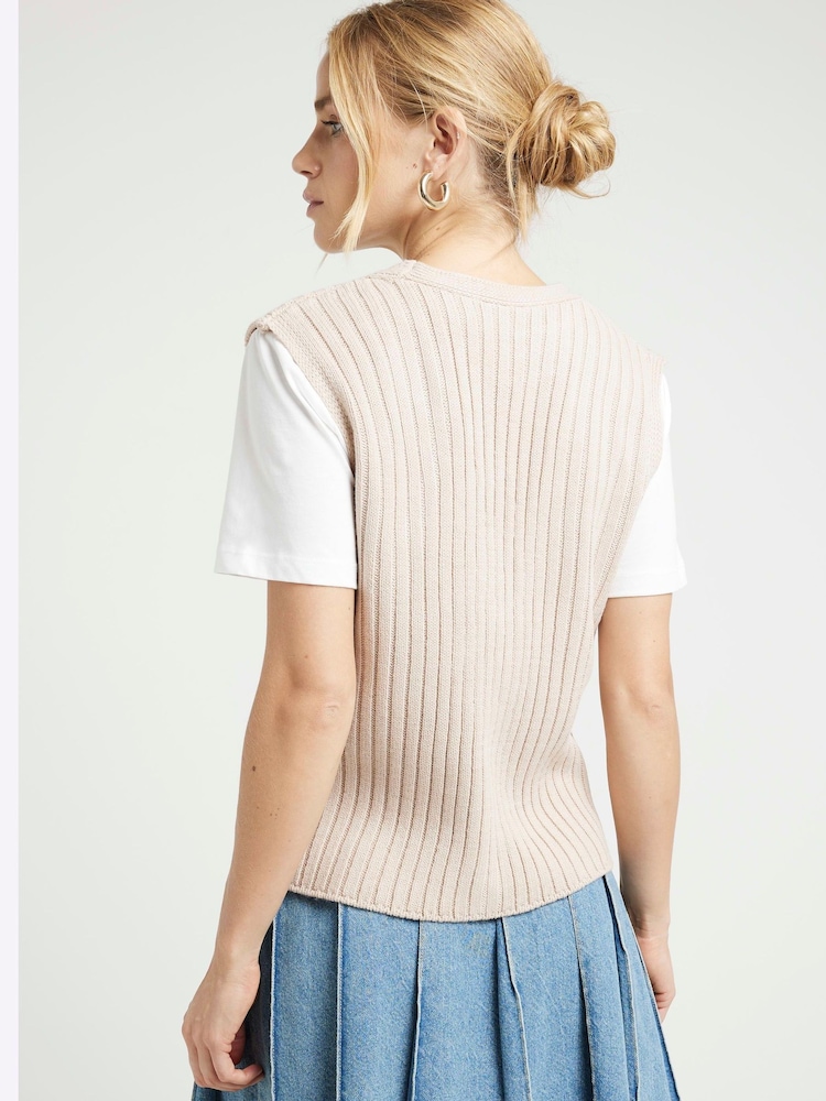 River Island Brown Waistcoat Hybrid Knitted 100% Cotton Jersey Top - Image 2 of 4