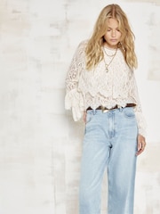 River Island Cream Petite All Over Lace Frill Sleeve Blouse - Image 1 of 3