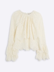 River Island Cream Petite All Over Lace Frill Sleeve Blouse - Image 2 of 3