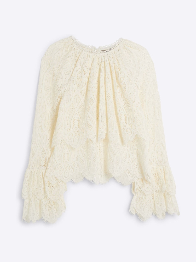 River Island Cream Petite All Over Lace Frill Sleeve Blouse - Image 2 of 3 River Island Cream Petite All Over Lace Frill Sleeve Blouse - Image 2 of 3