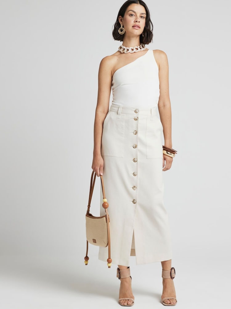 River Island Cream 100% Linen Button Up Maxi Skirt - Image 1 of 4