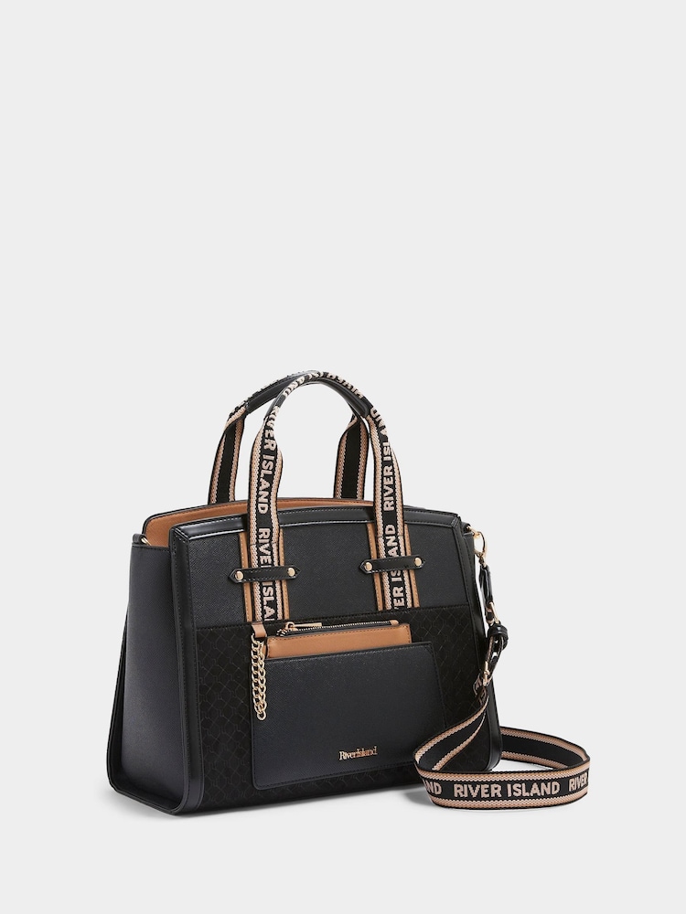 River Island Black Black Webbing Handle Front Pocket Tote Bag - Image 4 of 4