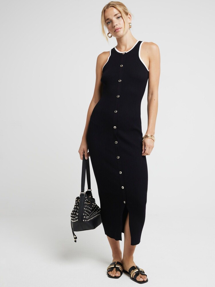 River Island Black Button Through Ribbed Midi Dress - Image 1 of 4