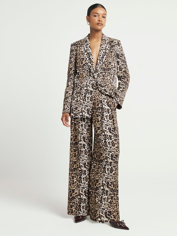 River Island Brown Leopard Print Wide Leg Tailored Trousers - Image 1 of 4