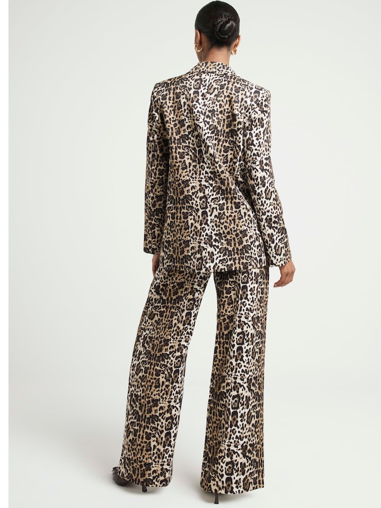 River Island Brown Leopard Print Wide Leg Tailored Trousers - Image 2 of 4 River Island Brown Leopard Print Wide Leg Tailored Trousers - Image 2 of 4