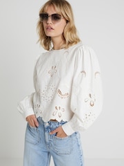 River Island White Crew neck Floral Print Cutwork 100% Cotton Top - Image 1 of 4