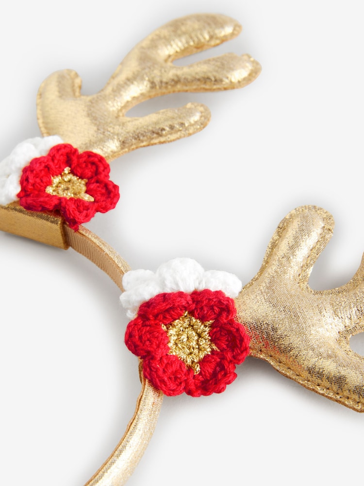 Brown Metallic and Crochet Flower Christmas Antlers - Image 2 of 3