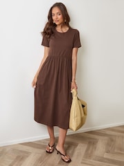Threadbare Brown Jersey Midi Smock Dress With Pockets - Image 1 of 4