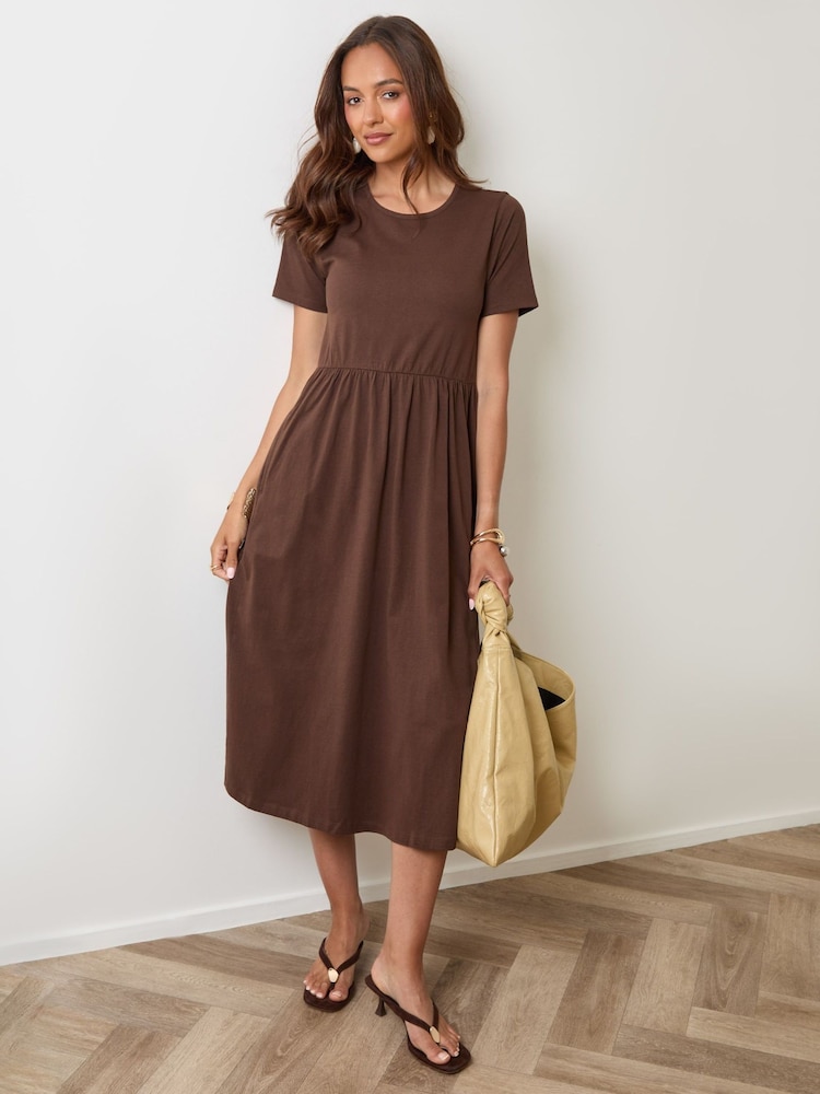 Threadbare Brown Jersey Midi Smock Dress With Pockets - Image 1 of 4