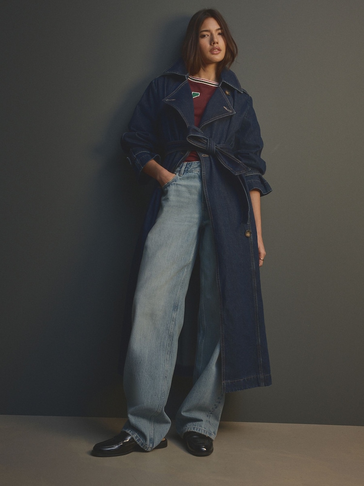 Denim Rinse Denim Double Breasted 100% Cotton Trench Coat - Image 1 of 8