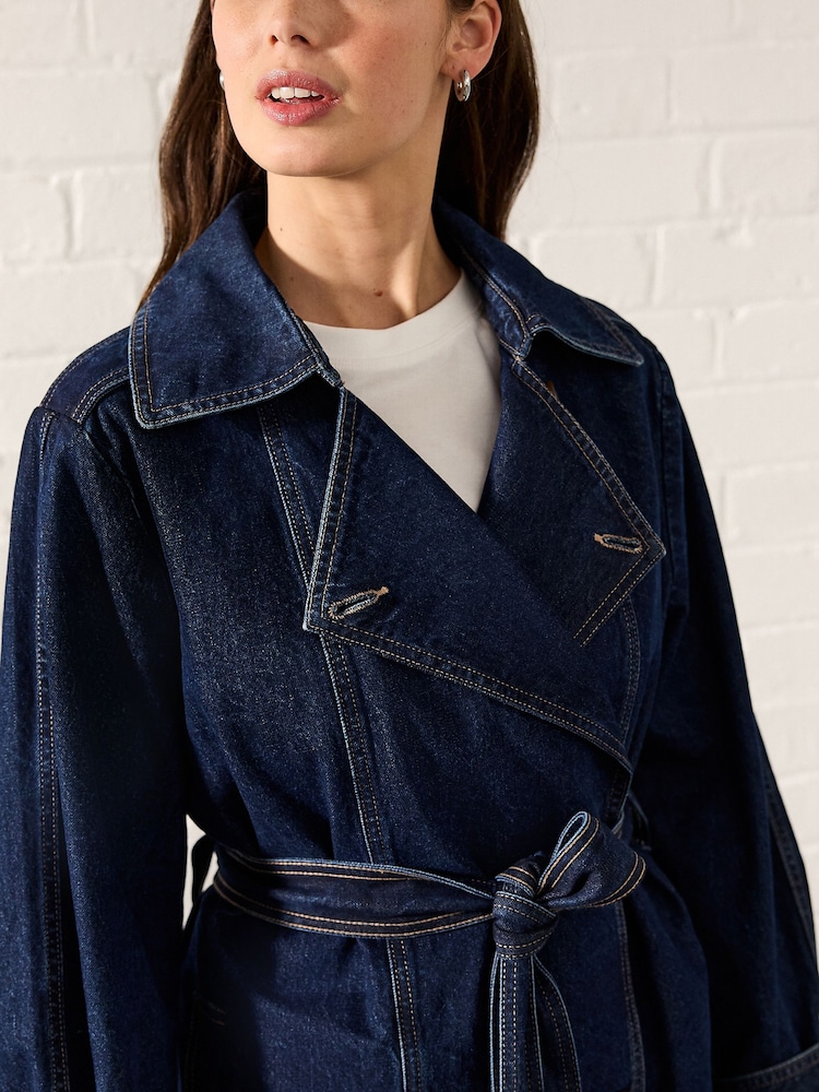 Denim Rinse Denim Double Breasted 100% Cotton Trench Coat - Image 5 of 8