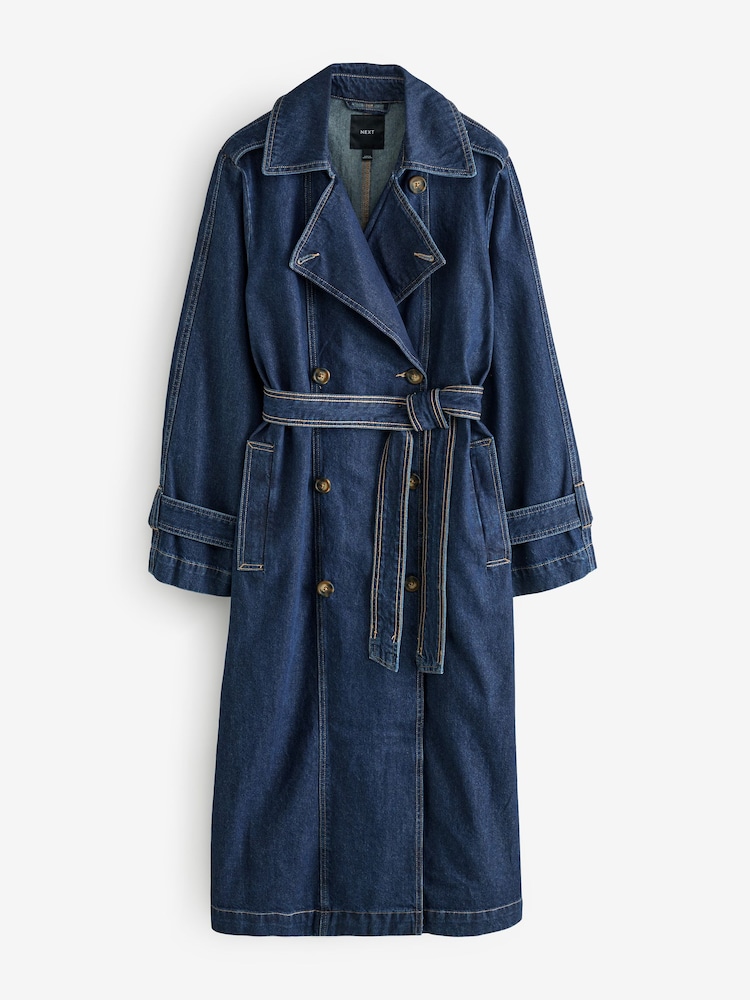 Denim Rinse Denim Double Breasted 100% Cotton Trench Coat - Image 6 of 8