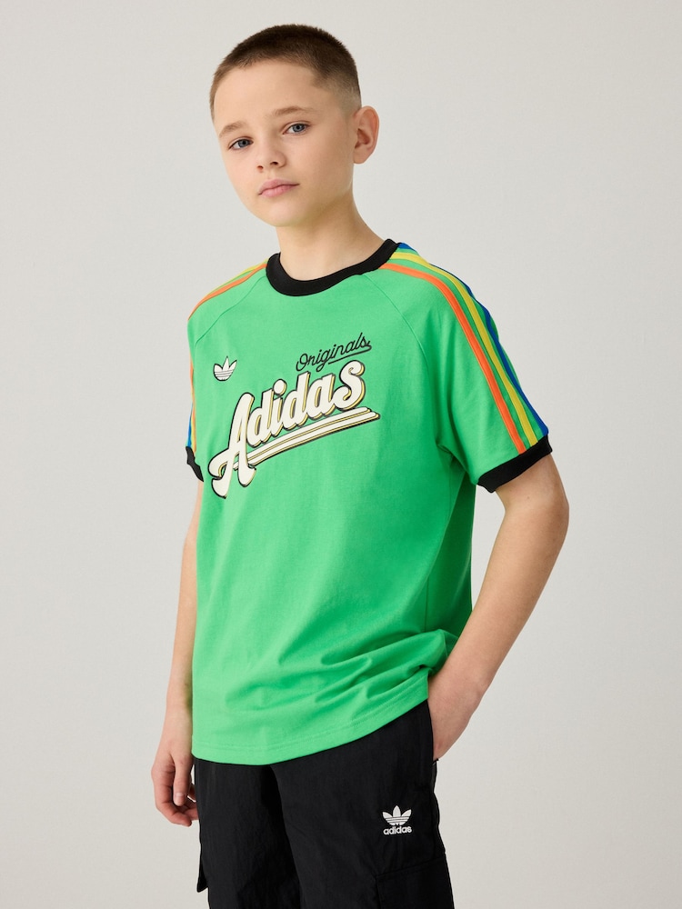 adidas originals Green 3 Stripe 100% Cotton T-Shirt - Image 2 of 5