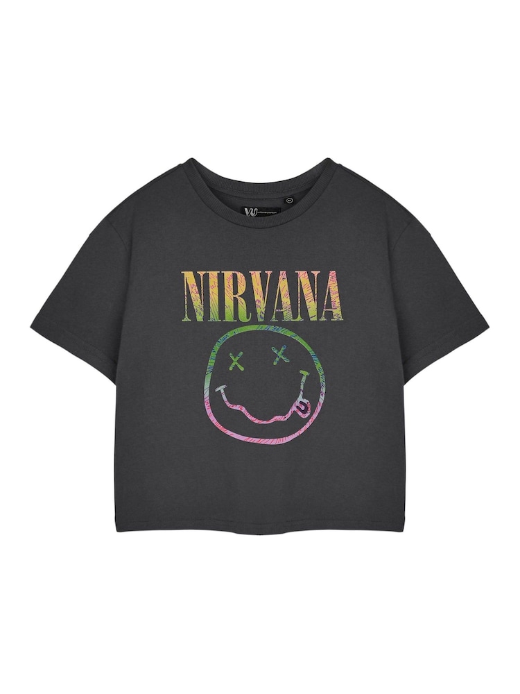 Vanilla Underground Grey Womens Nirvana Licensed Crop 100% Cotton T-Shirt - Image 1 of 6