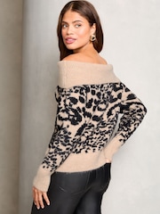 Lipsy Animal Petite Off The Shoulder Knitted Jumper - Image 2 of 4