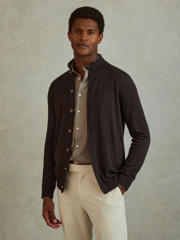 Reiss Coco Brown Harlow Merino Wool Button-Through Funnel Neck Cardigan - Image 1 of 6