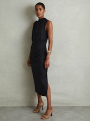 Reiss Charcoal Beaux Modal Blend Ruched Midi Dress - Image 1 of 5