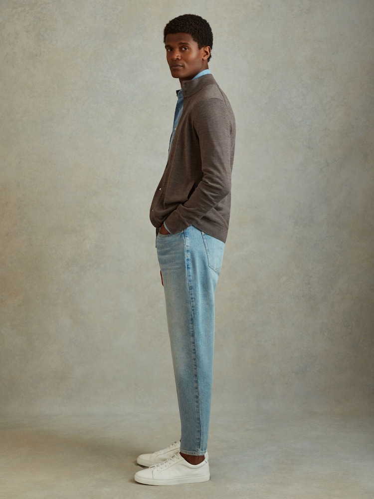 Reiss Dark Brown Melange Harlow Merino Wool Button-Through Funnel Neck Cardigan - Image 1 of 6 Reiss Dark Brown Melange Harlow Merino Wool Button-Through Funnel Neck Cardigan - Image 1 of 6