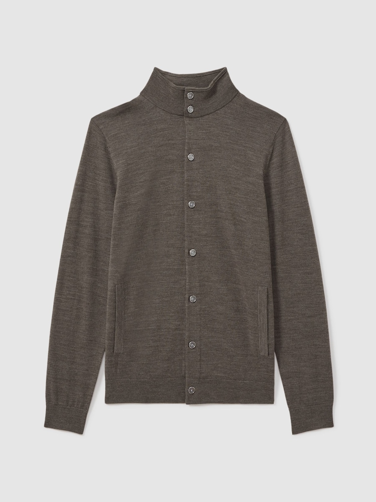 Reiss Dark Brown Melange Harlow Merino Wool Button-Through Funnel Neck Cardigan - Image 2 of 6 Reiss Dark Brown Melange Harlow Merino Wool Button-Through Funnel Neck Cardigan - Image 2 of 6
