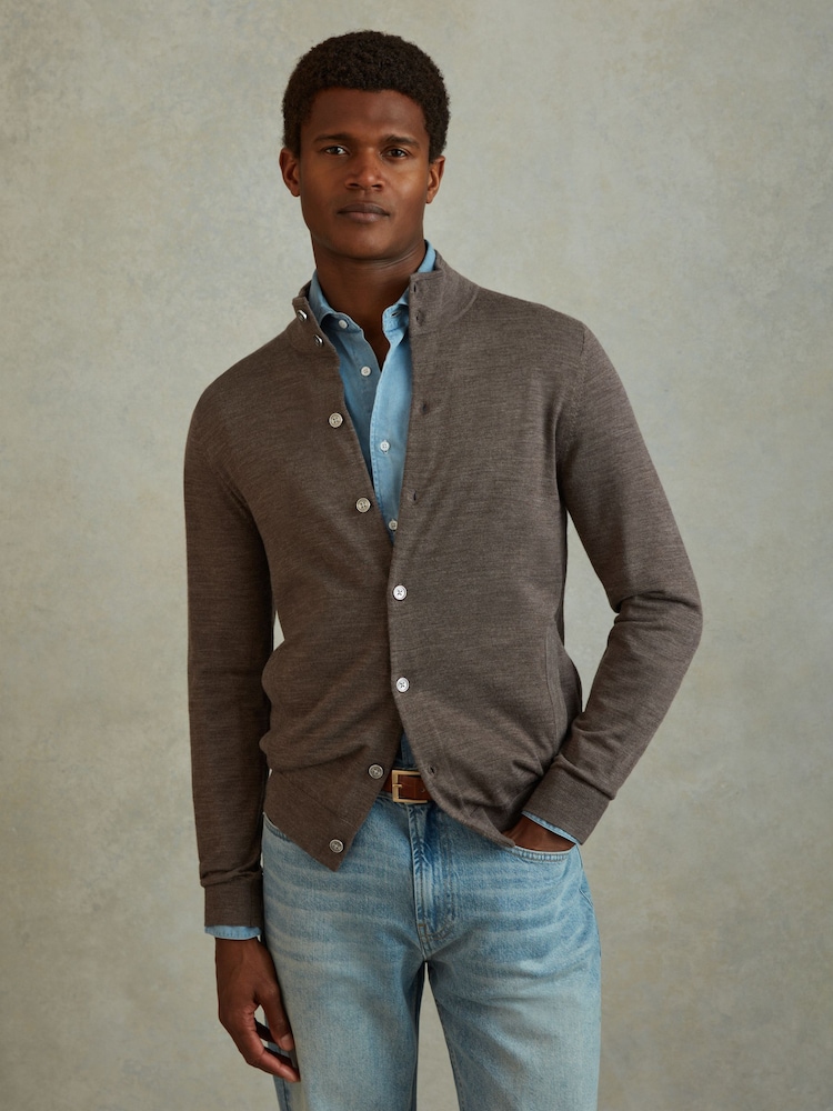 Reiss Dark Brown Melange Harlow Merino Wool Button-Through Funnel Neck Cardigan - Image 2 of 6