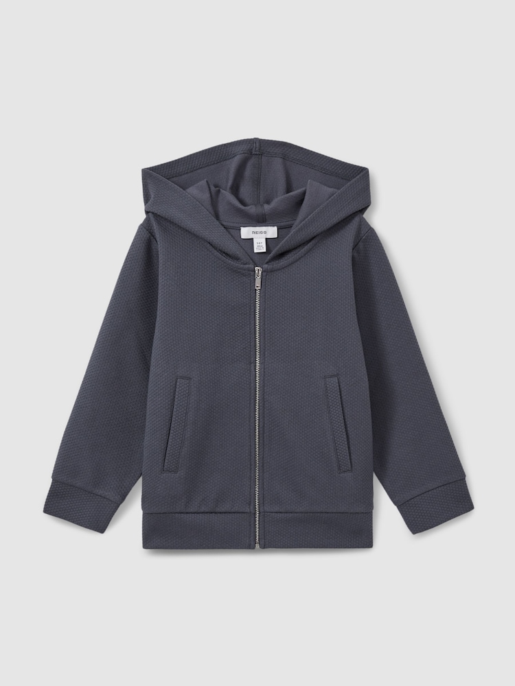 Reiss Steel Blue Vark 13-14 yrs Cotton Blend Textured Zip-Front Hoodie - Image 1 of 4 Reiss Steel Blue Vark 13-14 yrs Cotton Blend Textured Zip-Front Hoodie - Image 1 of 4