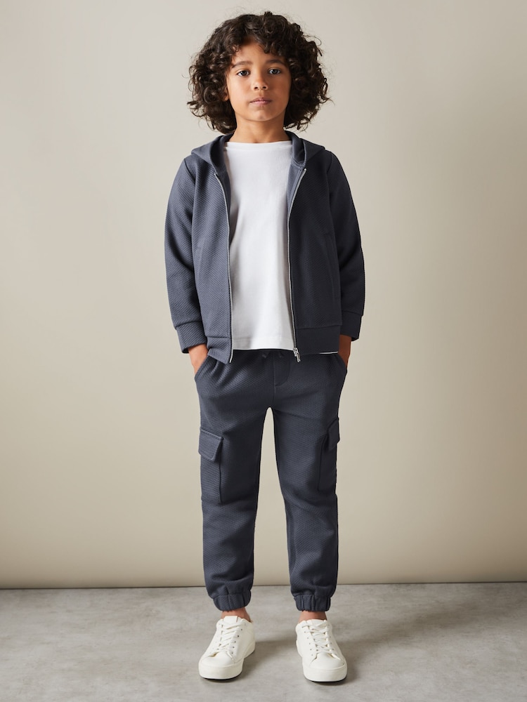 Reiss Steel Blue Vark 13-14 yrs Cotton Blend Textured Zip-Front Hoodie - Image 2 of 4 Reiss Steel Blue Vark 13-14 yrs Cotton Blend Textured Zip-Front Hoodie - Image 2 of 4