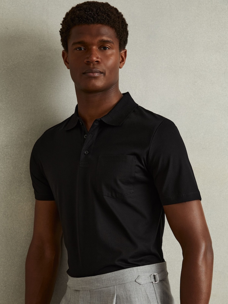 Reiss Black Austin Mercerised Cotton Polo Shirt - Image 1 of 5