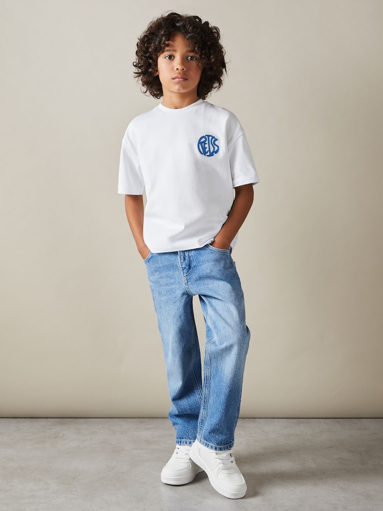 Reiss Optic White/Blue Alva Teen Oversized Cotton Embroidered T-Shirt - Image 2 of 5 Reiss Optic White/Blue Alva Teen Oversized Cotton Embroidered T-Shirt - Image 2 of 5
