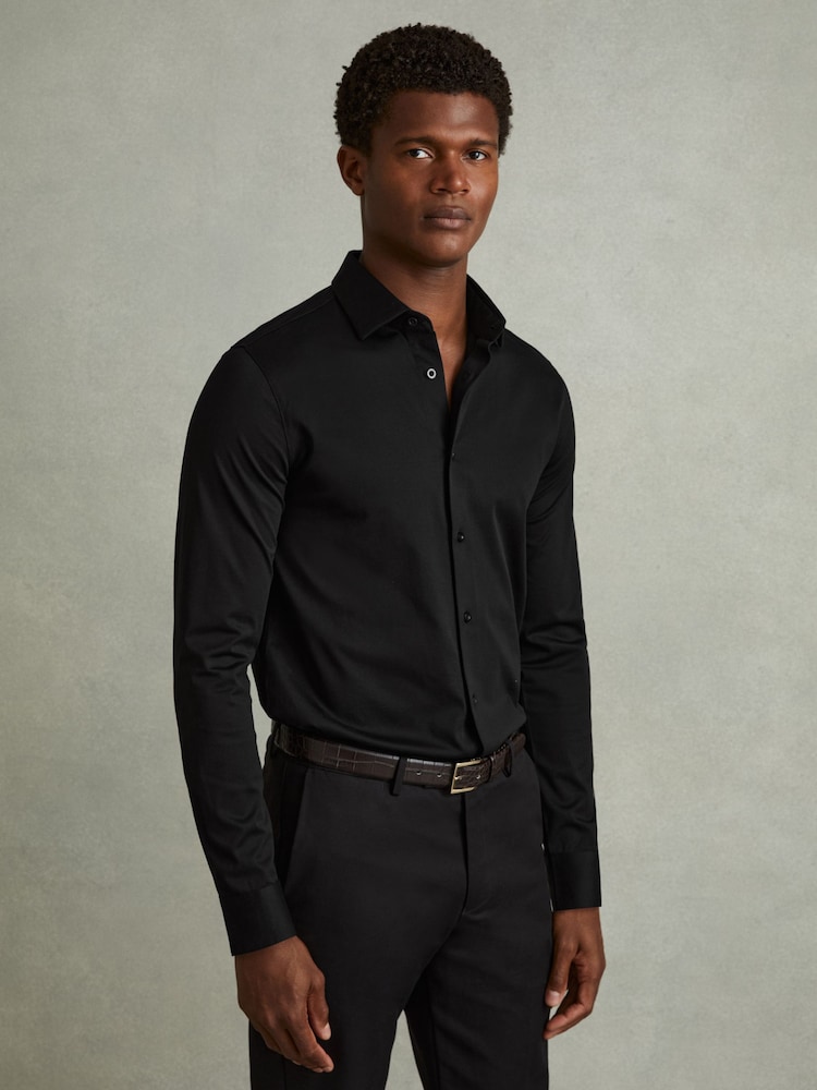 Reiss Black King Mercerised Cotton Jersey Shirt - Image 1 of 5