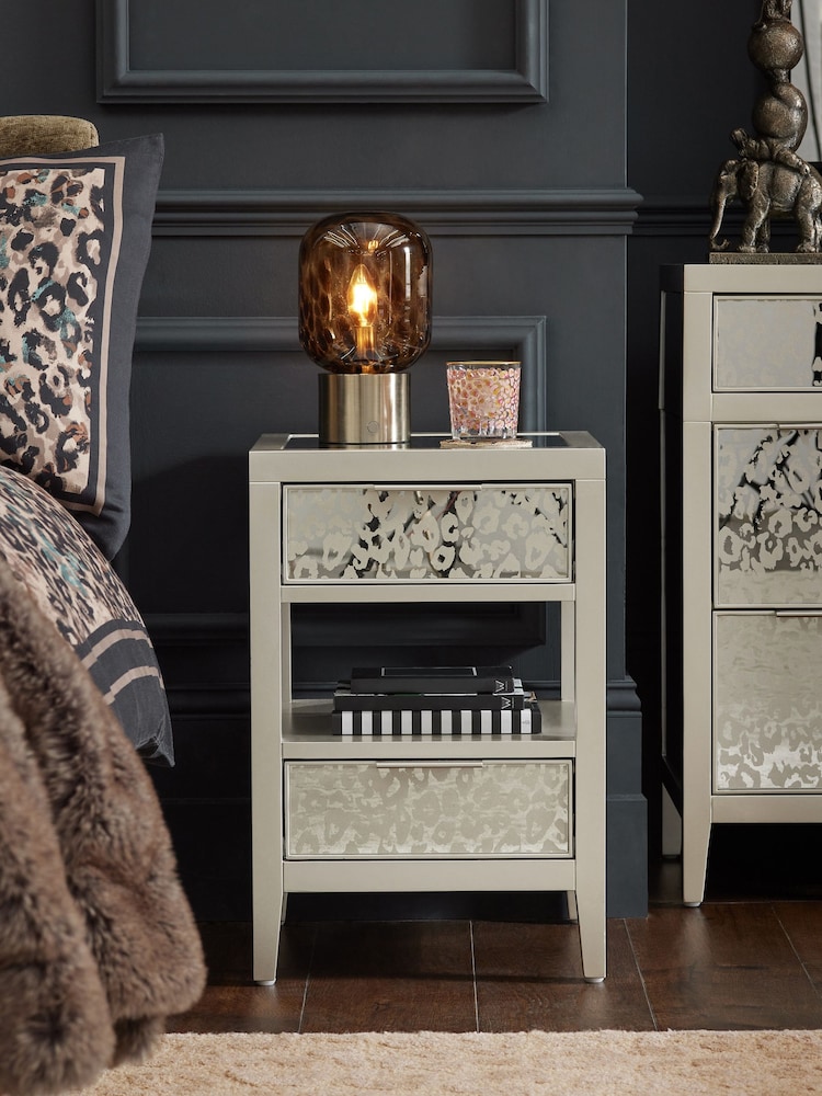 Silver Cora Leopard Print Glass 2 Drawer Slim Bedside Table - Image 2 of 8