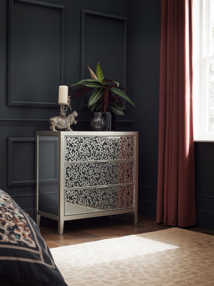 Silver Cora Leopard Print Glass 3 Drawer Chest of Drawers - Image 1 of 1