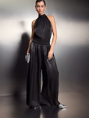 Black Metallic Satin Wide Trousers - Image 1 of 7