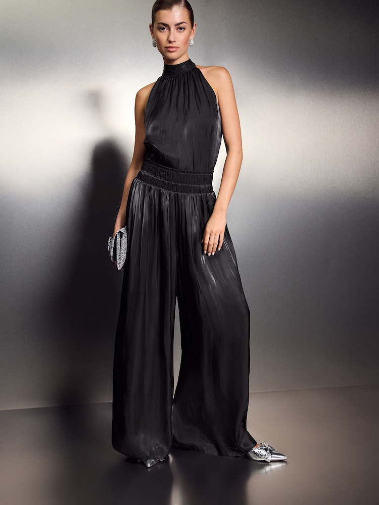 Black Metallic Satin Wide Trousers - Image 1 of 7