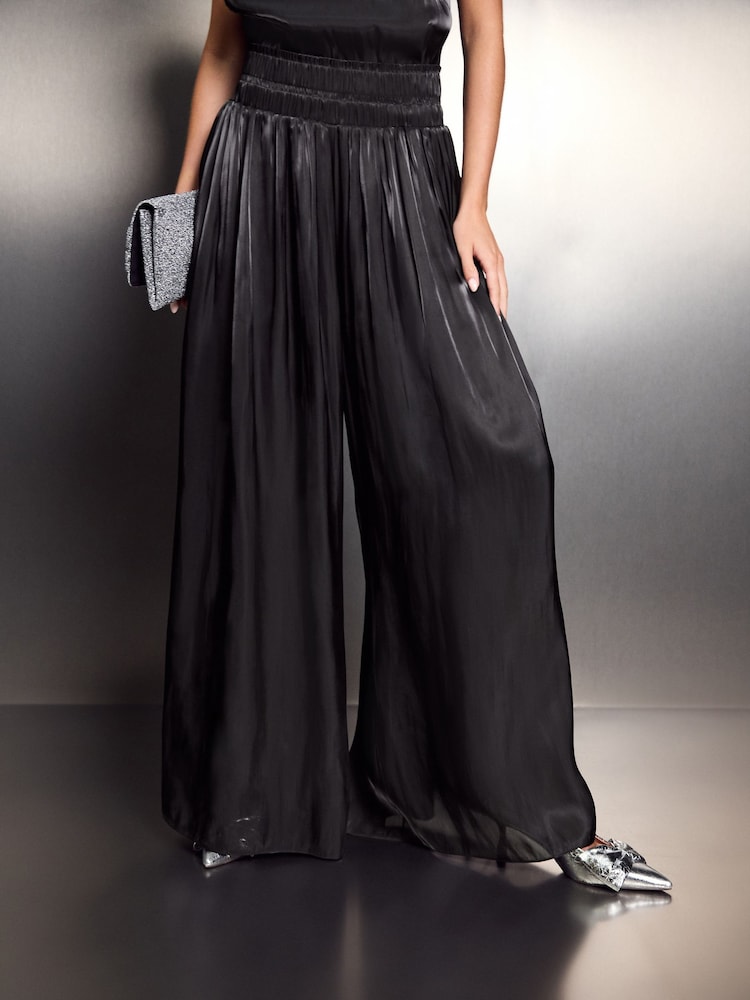 Black Metallic Satin Wide Trousers - Image 2 of 7