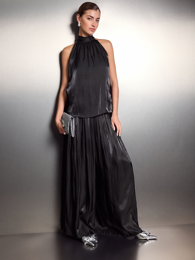 Black Metallic Satin Pleated Halter Top - Image 2 of 9 Black Metallic Satin Pleated Halter Top - Image 2 of 9