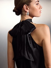 Black Metallic Satin Pleated Halter Top - Image 4 of 9