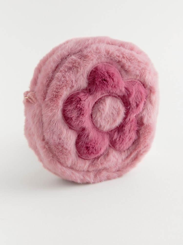 Light Pink Faux Fur Embroidered Flower Cross-Body Bag - Image 4 of 4