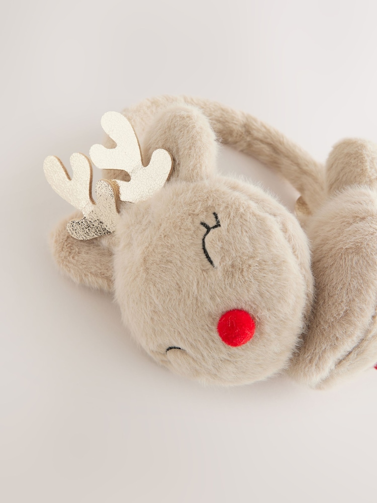 Brown Metallic Antler & Faux Fur Christmas Earmuffs - Image 2 of 3