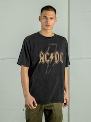 Supacult Black ACDC Distress Flash Men Washed Music T-Shirt - Image 1 of 2