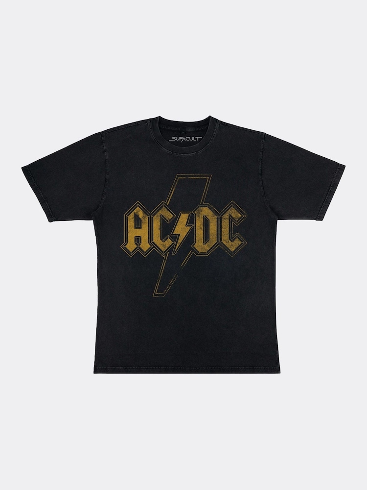 Supacult Black ACDC Distress Flash Men Washed Music T-Shirt - Image 2 of 2