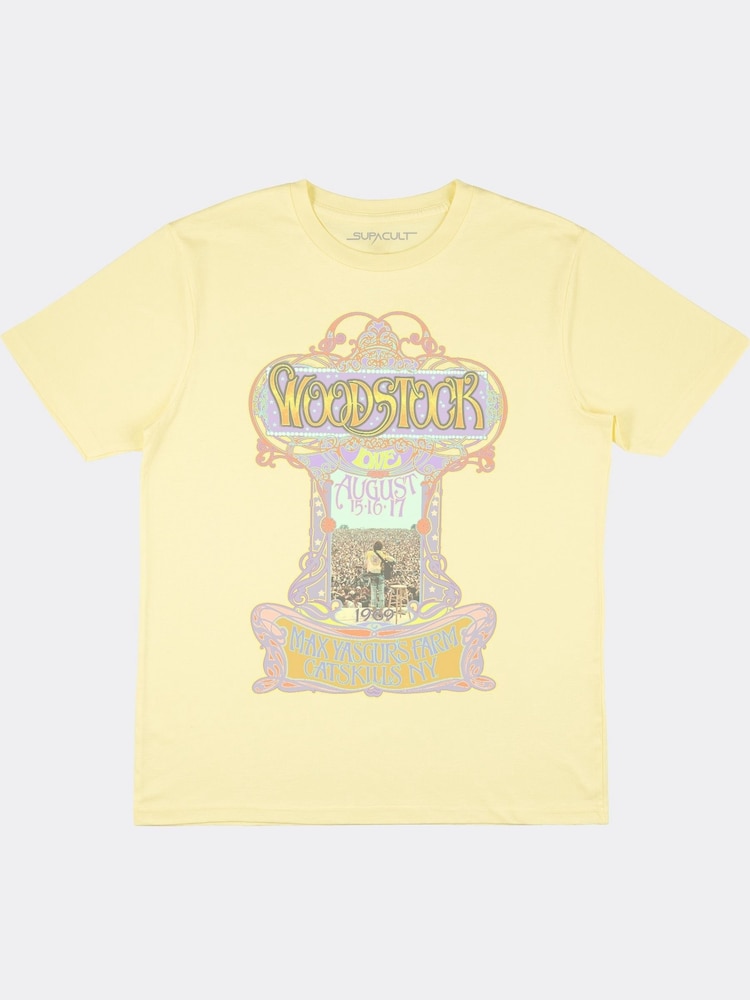 Supacult Yellow Woodstock Cross Women Lemon Boyfriend Fit Music T-Shirt - Image 1 of 2 Supacult Yellow Woodstock Cross Women Lemon Boyfriend Fit Music T-Shirt - Image 1 of 2