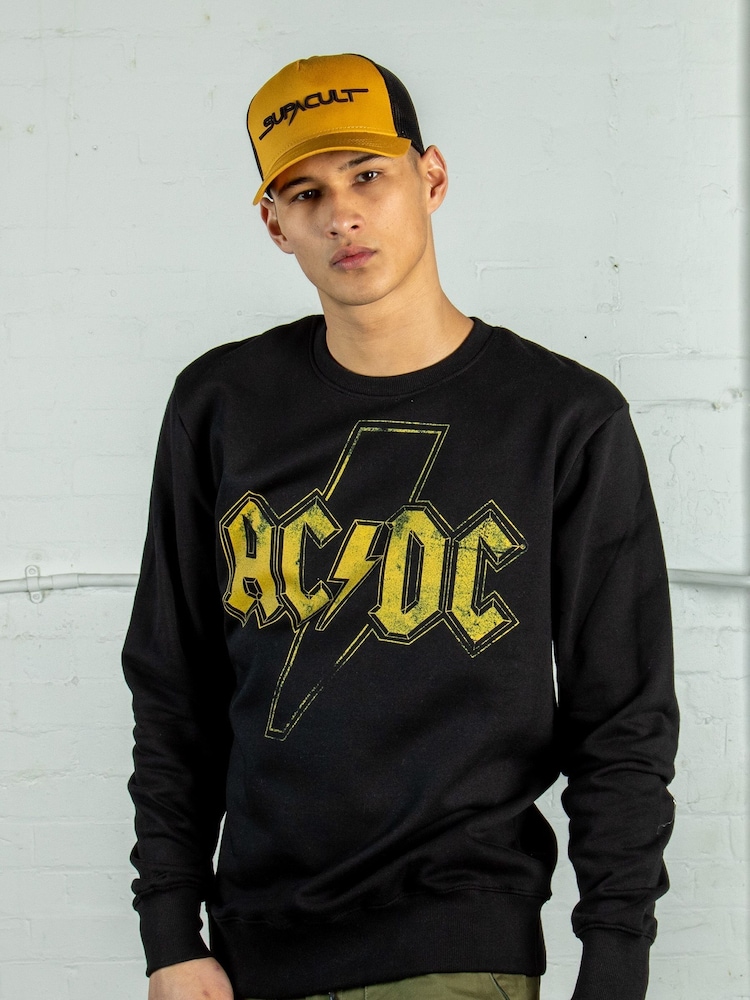 Supacult Black ACDC Distress Flash Men Music Sweatshirt - Image 1 of 2 Supacult Black ACDC Distress Flash Men Music Sweatshirt - Image 1 of 2