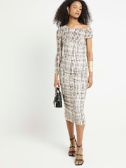 River Island Black/White Mesh Asymmetric Bodycon Black/White Midi Dress - Image 1 of 4