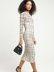 River Island Black/White Mesh Asymmetric Bodycon Black/White Midi Dress - Image 2 of 4