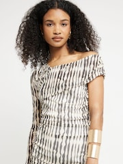 River Island Black/White Mesh Asymmetric Bodycon Black/White Midi Dress - Image 3 of 4