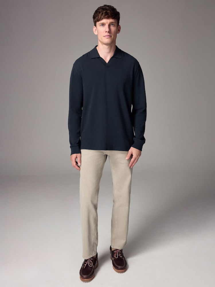 Navy Blue Cuban Collar Long Sleeve Polo Shirt - Image 2 of 9 Navy Blue Cuban Collar Long Sleeve Polo Shirt - Image 2 of 9