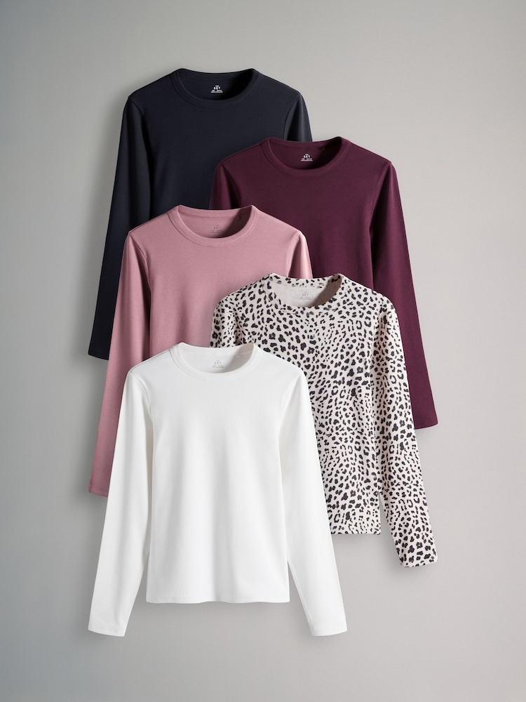 The Set Black/Cream/Berry Red/Mauve Pink/Leopard Print 5 Pack Ribbed Long Sleeve T-Shirts - Image 1 of 8